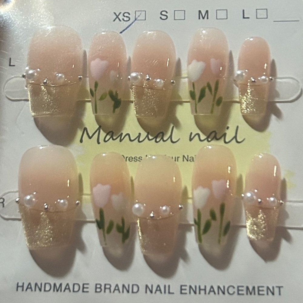 Handmade Floral Pearl Press-On Nails - Pink & Gold sz xs